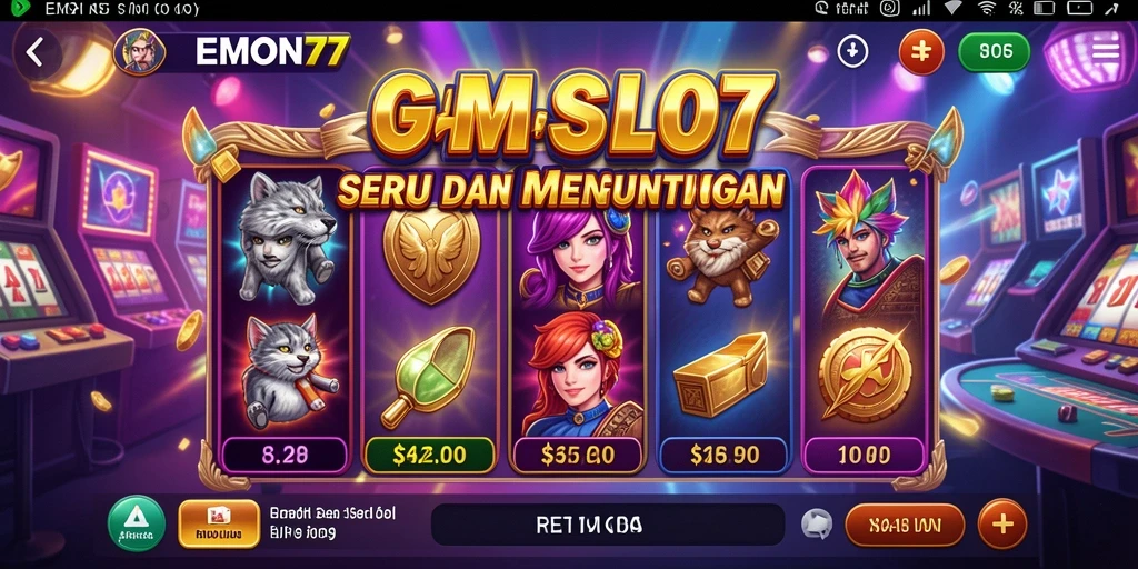 Screenshot menunjukkan gameplay seru EMON77 dengan fitur slot yang menarik.
