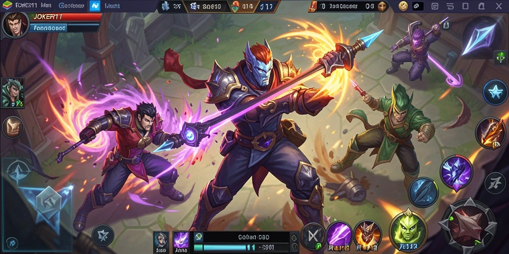 Gameplay seru dari JOKER11 yang menampilkan pertarungan tim di arena MOBA.