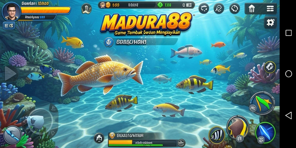 Menampilkan gameplay seru menembak ikan di bawah laut.